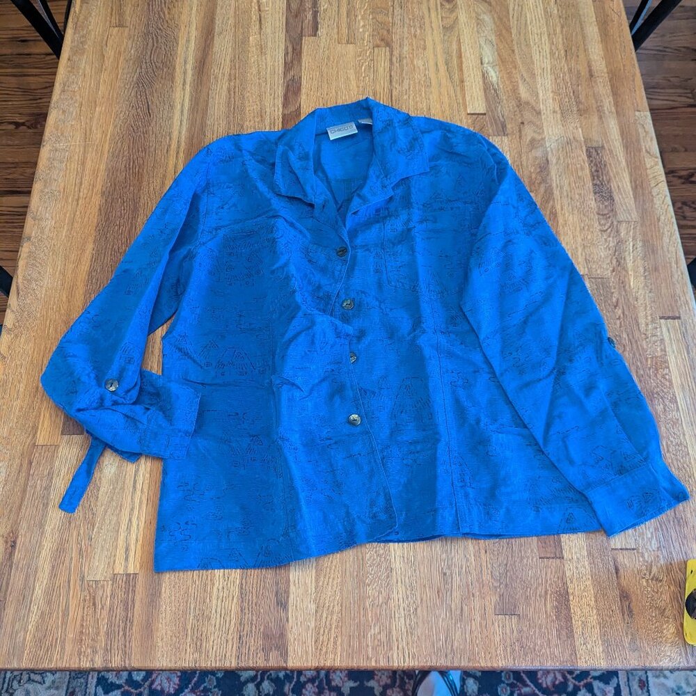 Silk Royal Blue Shacket Chico's Size 1 with Tabbed Sleeves to Roll Up Print
